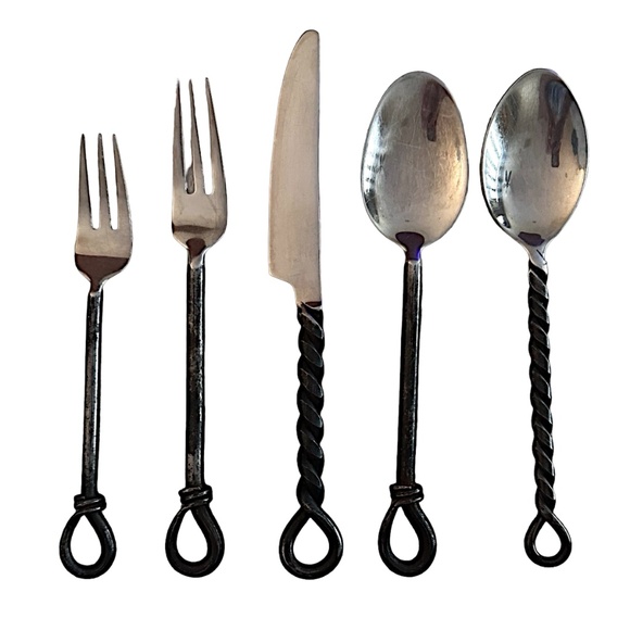 Hand Forged Cutlery Set (set of 5) Silver-tone Twisted Handles Antique - Picture 3 of 4